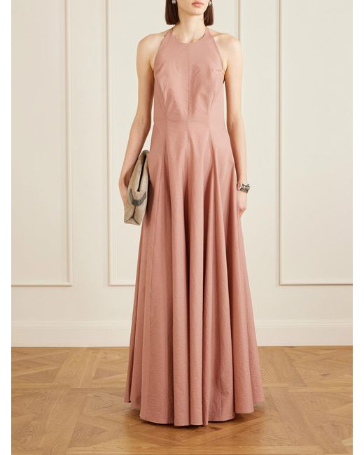 Brunello Cucinelli Pink Pleated Cotton-Blend Halterneck Maxi Dress