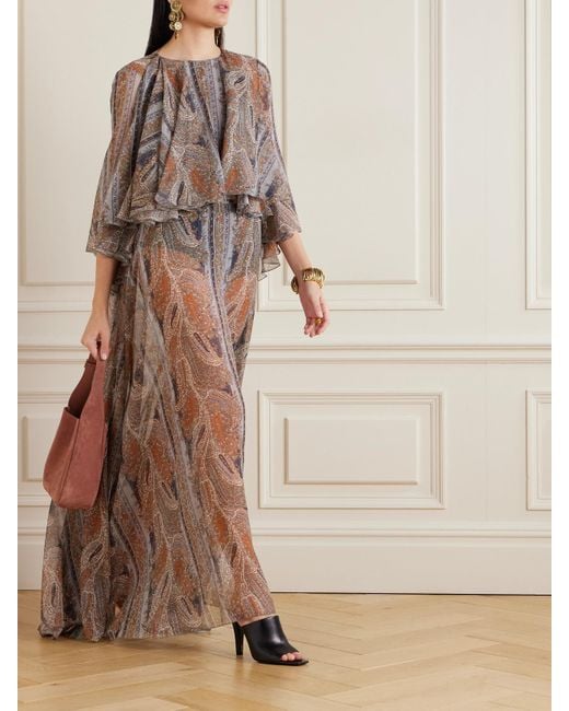 Robe Longue Dos Ouvert En Georgette De Soie À Imprimé Cachemire Saint Laurent en coloris Brown