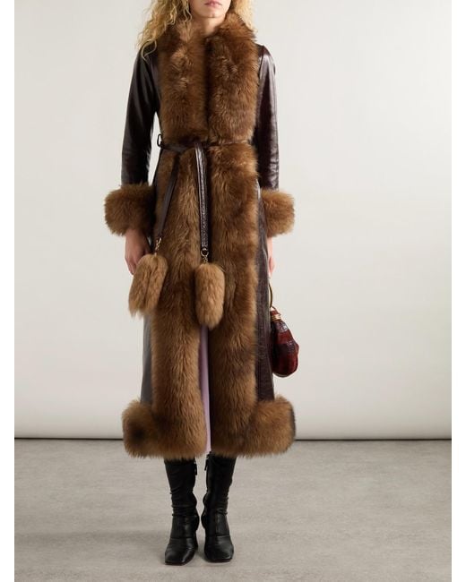 Chloé Brown Fleece-Trimmed Belted Leather Coat