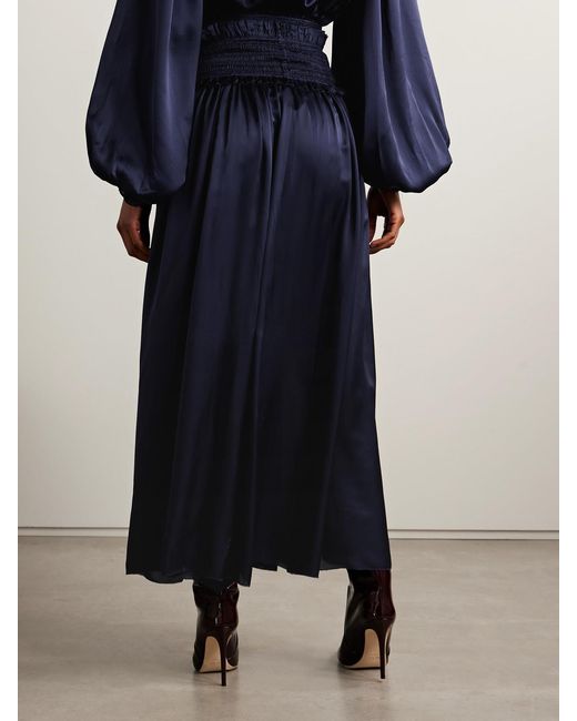 Zimmermann Blue Dream Ruffled Shirred Silk-Satin Maxi Skirt