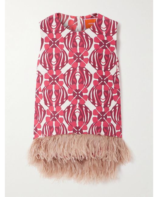 LaDoubleJ Pink Icon La Scala Feather-Trimmed Printed Stretch-Cotton Tweed Top