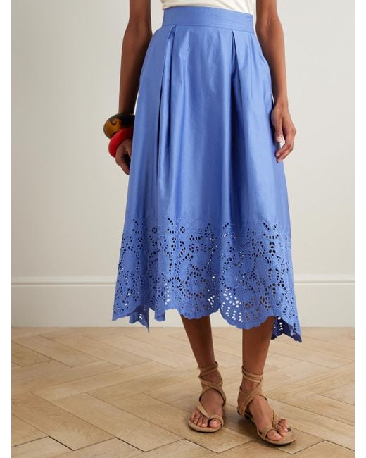 Thierry Colson Blue Wynona Pleated Broderie Anglaise Cotton-Poplin Midi Skirt