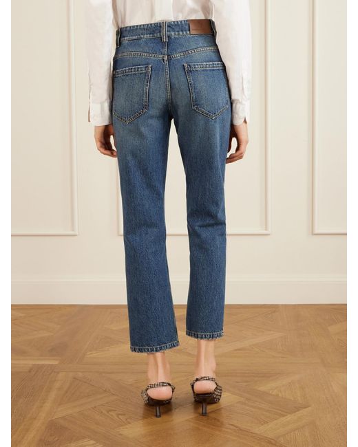 Brunello Cucinelli Blue Cropped Bead-Embellished Straight-Leg Jeans