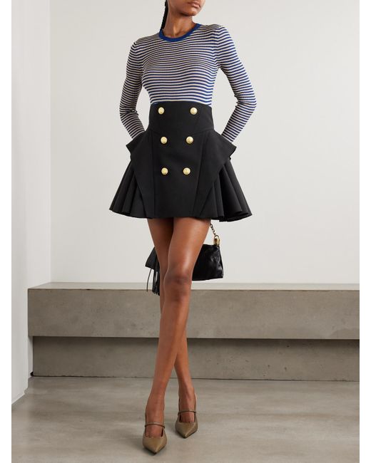 Balmain Black Minirock Aus Grain De Poudre Aus Wolle Mit Falten Und Zierknöpfen