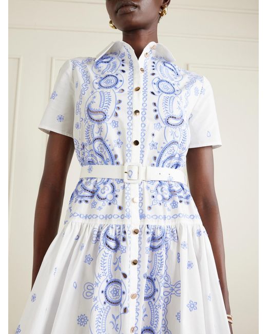 Self-Portrait Blue Belted Embroidered Cotton-Poplin Midi Shirt Dress