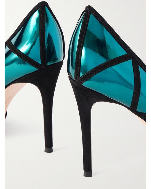 Gianvito Rossi Blue 95 Suede-Trimmed Mirrored-Leather Pumps