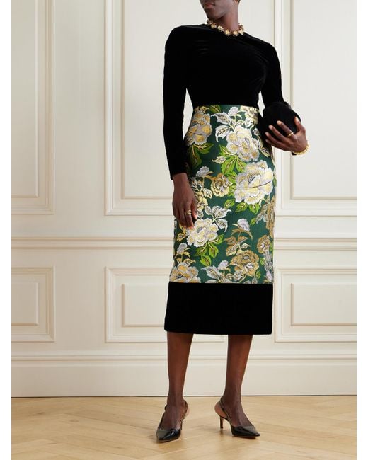 Carolina Herrera Green Velvet And Floral-Jacquard Midi Dress