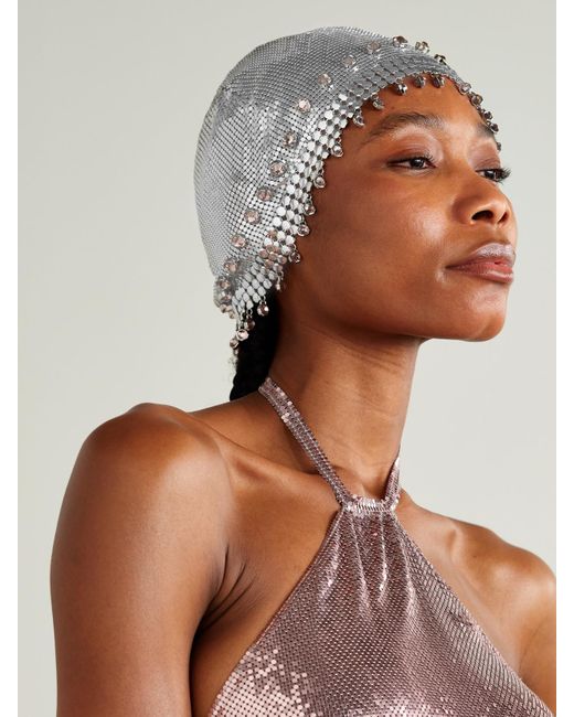 Rabanne Gray Fringed Crystal-Embellished-Tone Chainmail Hat