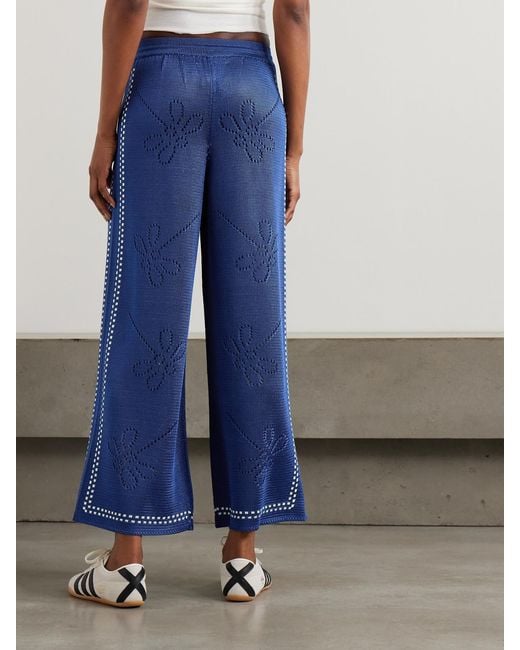 Calle Del Mar Blue Garden Party Pointelle-Knit Wide-Leg Pants