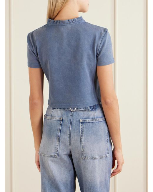 ShuShu/Tong Blue Embroidered Lace-Trimmed Cotton T-Shirt