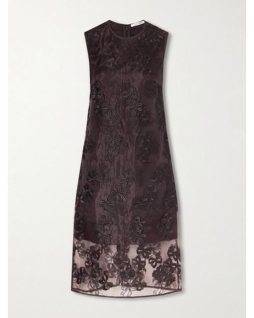 CECILIE BAHNSEN Brown Cbdevin Embroidered Rosette Organza Midi Dress