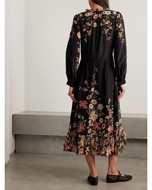 Sea Black Jolie Ruffled Floral-Print Crepe De Chine Midi Dress