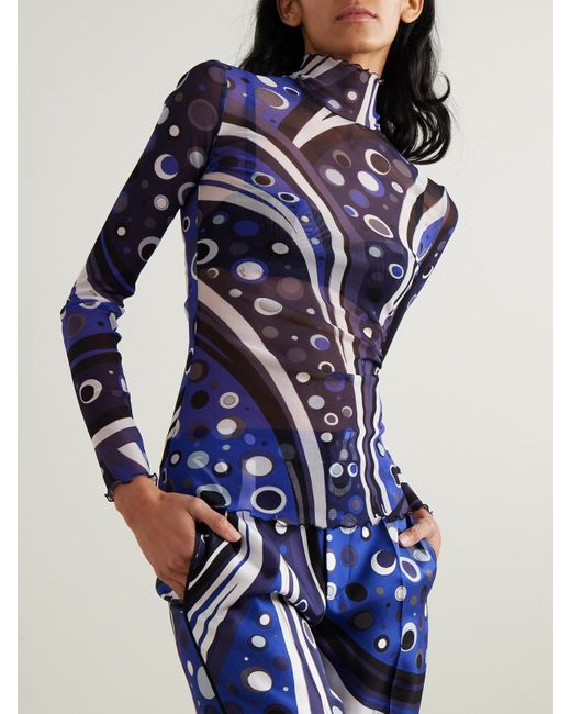 Emilio Pucci Blue Printed Tulle Turtleneck Top