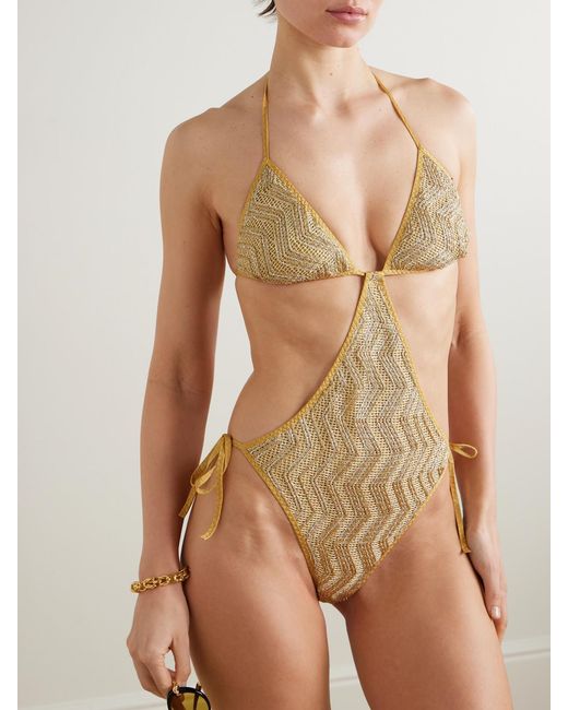 Missoni Natural Mare Cutout Sequin-Embellished Striped Metallic Crochet-Knit Swimsuit
