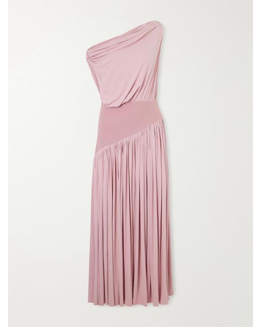 Abadia Pink Gwen Asymmetric Draped Jersey-Trimmed Stretch-Bamboo Maxi Dress