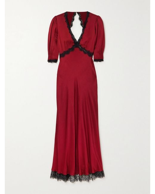 Rixo Red Gabrielle Open-Back Lace-Trimmed Satin Maxi Dress