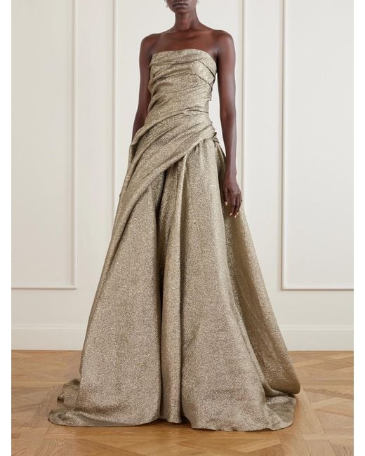 Marmar Halim Natural Off-The-Shoulder Draped Brocade Gown