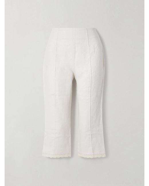 Posse White Effi Capri Crocheted Lace-Trimmed Linen Slim-Leg Pants
