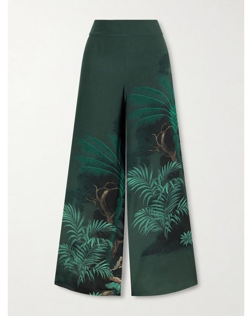 Johanna Ortiz Green Musical Printed Silk Crepe De Chine Wide-Leg Pants