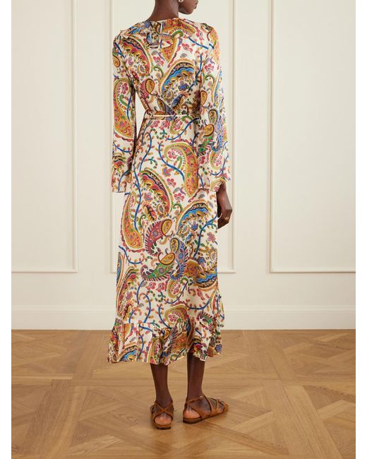 Etro White Asymmetric Ruffled Paisley-Print Silk Wrap Dress