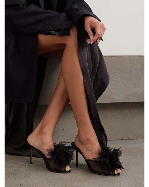 Aquazzura Black Poème 85 Embellished Organza And Leather-Trimmed Mesh Mules