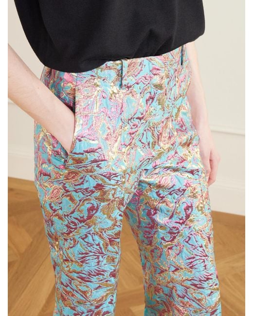 Dries Van Noten Blue Cropped Metallic Jacquard Straight-Leg Pants