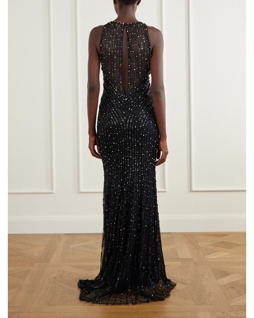 Jenny Packham Black Atlas Embellished Cut-Out Satin Gown