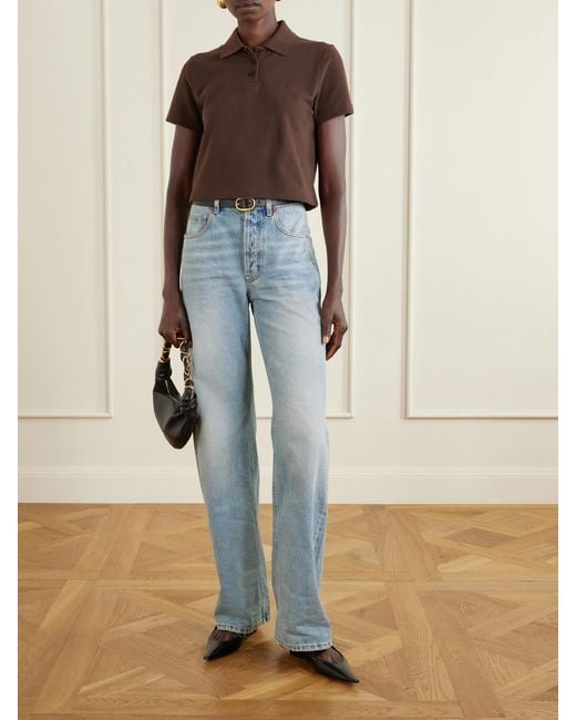 Saint Laurent Brown Cassandre-Embroidered Cropped Cotton-Piqué Polo Shirt