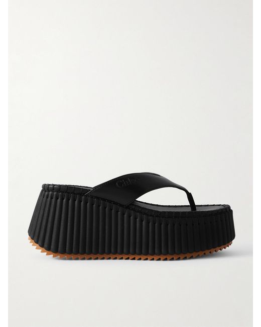Chloé Black Nama Leather Platform Flip Flops