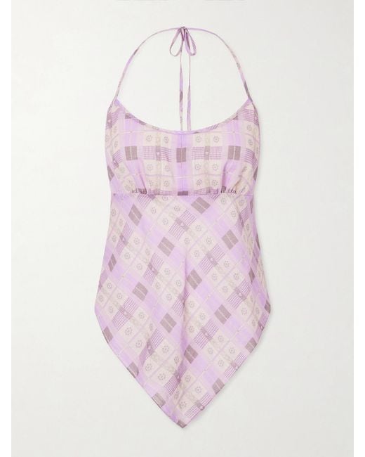 Anna Sui Pink Apron Checked Printed Cotton-Voile Halterneck Top