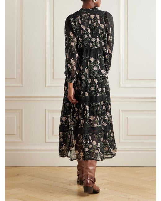 Sea Black Elizabeth Tiered Lace-Trimmed Floral-Print Crepon Midi Dress