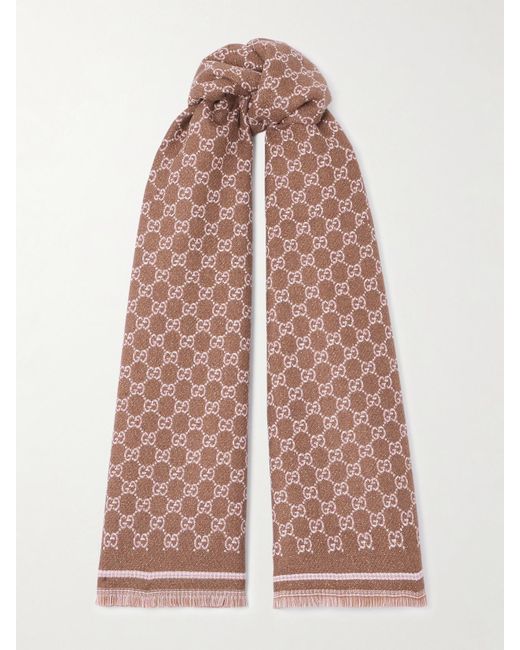 Gucci Pink Fringed Metallic Wool-Jacquard Scarf