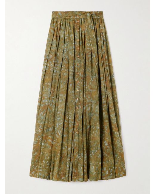 Cortana Green Lil Pleated Printed Ramie Maxi Skirt