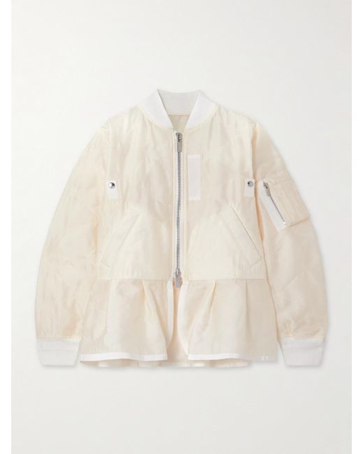 Sacai Natural Grosgrain-Trimmed Quilted Satin Peplum Jacket