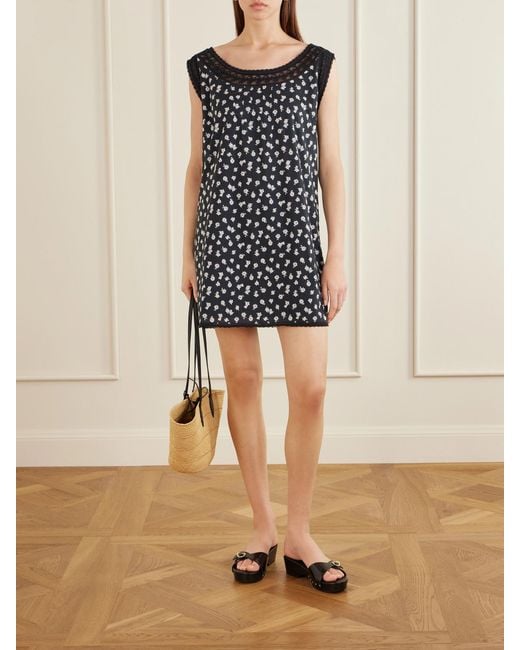 Posse Black Danielle Floral-Print Lace-Trimmed Cotton Mini Dress