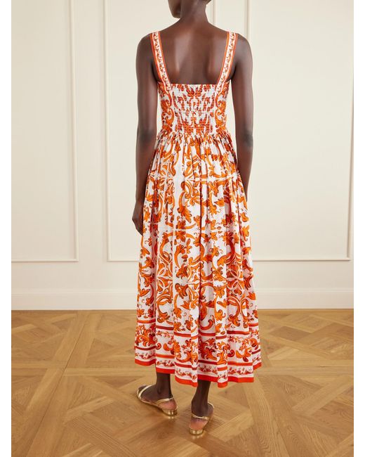 Dolce & Gabbana White Pleated Printed Cotton-Poplin Midi Dress