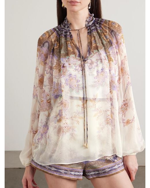 Zimmermann Pink Ruched Printed Chiffon Blouse