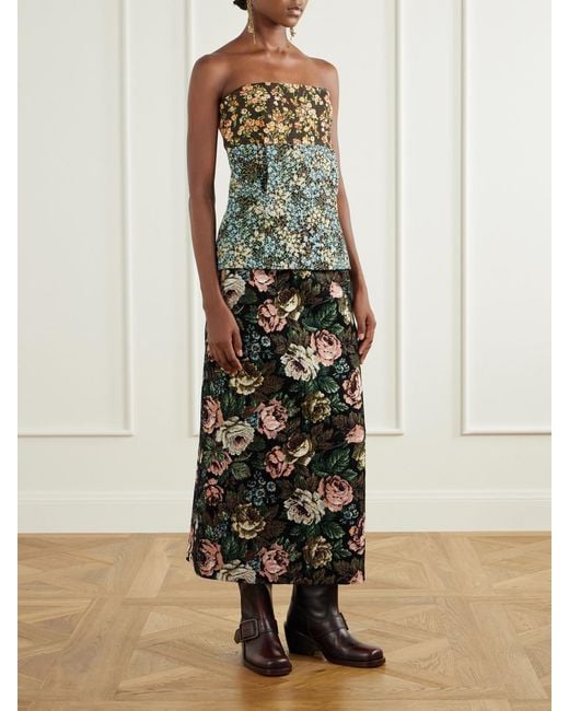 Dries Van Noten Green Strapless Floral-Jacquard Blouse