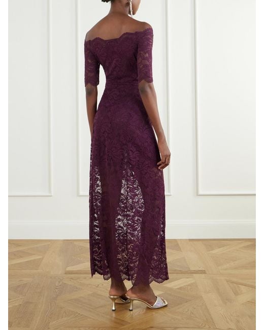 Rabanne Purple Off-The-Shoulder Gathered Lace Midi Dress