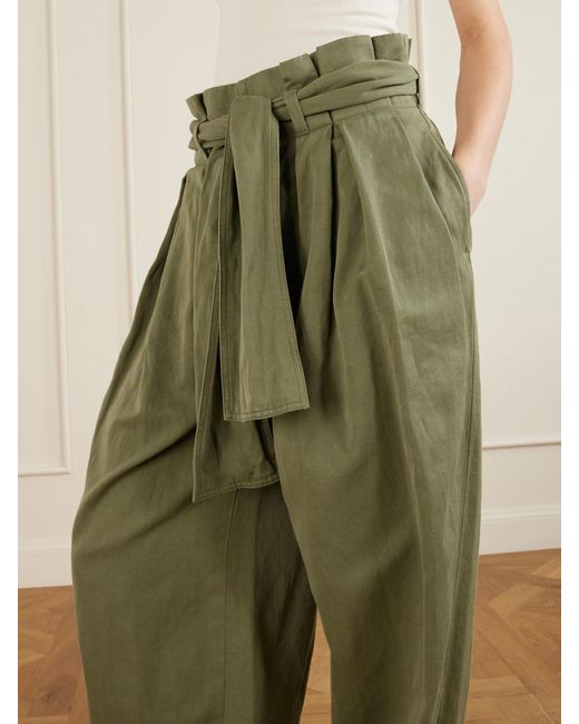 Balmain Green Belted Pleated Cotton And Linen-Blend Twill Tapered Pants