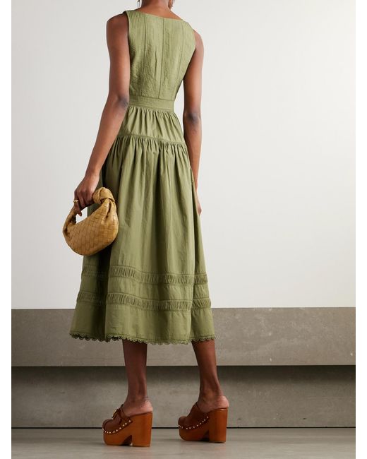 Ulla Johnson Green Isadora Tiered Lace-Trimmed Cotton-Poplin Midi Dress