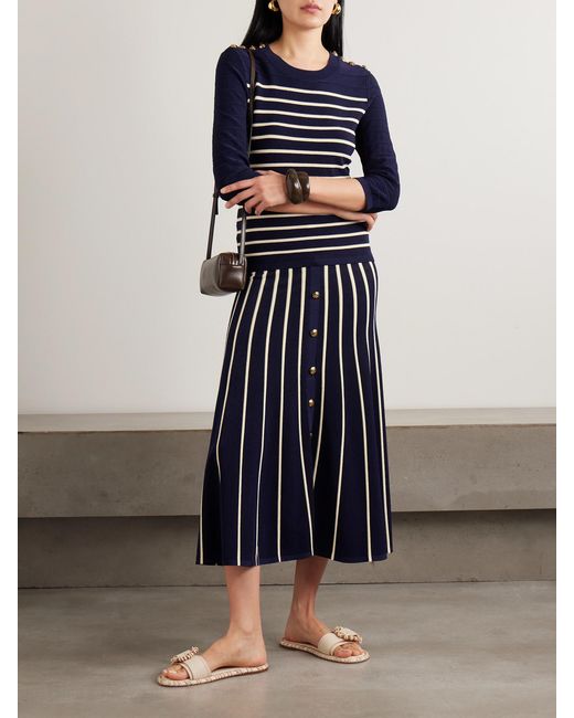 Zimmermann Blue Luna Button-Detailed Pleated Striped Knitted Midi Skirt