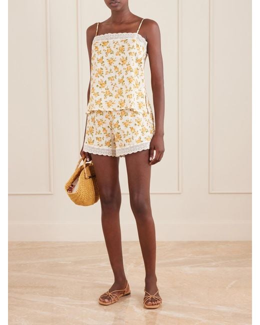 Miguelina White Celestine Floral-Print Lace-Trimmed Linen Shorts