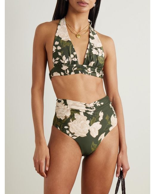 Agua Bendita Green Marimar Gardenia Floral-Print Recycled Halterneck Bikini Top