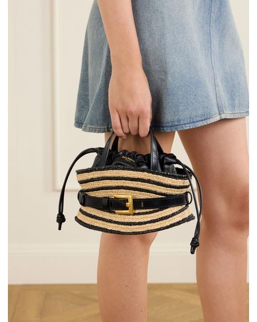 Balmain Metallic Shuffle Mini Buckled Leather-Trimmed Raffia Shoulder Bag