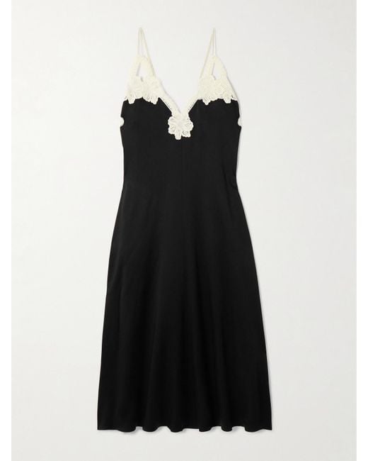 Jil Sander Black Guipure Lace-Trimmed Satin Midi Dress