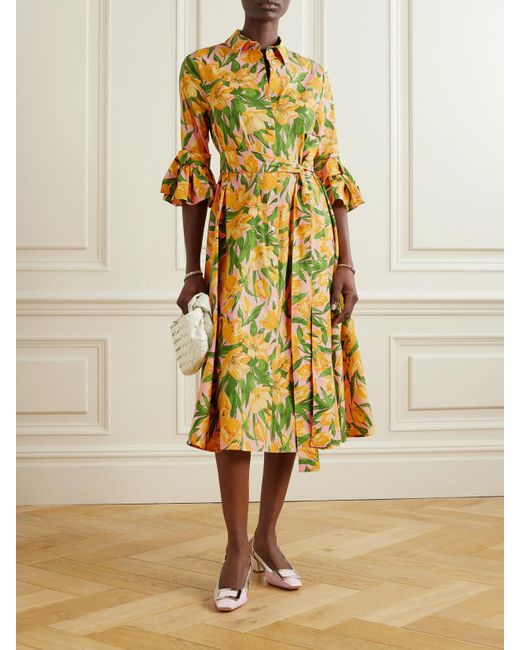 Carolina Herrera Yellow Belted Pleated Floral-Print Cotton-Poplin Midi Shirt Dress