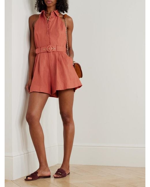 Zimmermann Red Awaken Belted Linen Playsuit