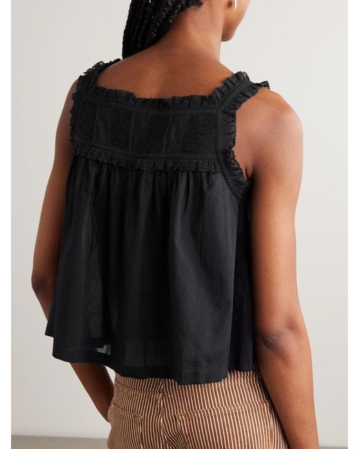 Doen Black Fidella Cropped Lace-Trimmed Organic Cotton-Voile Top