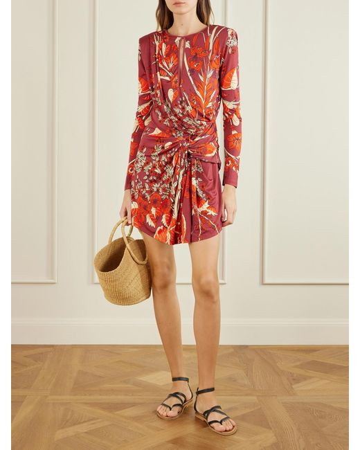 Johanna Ortiz Red Rainforest Canopy Open-Back Draped Printed Jersey Mini Dress